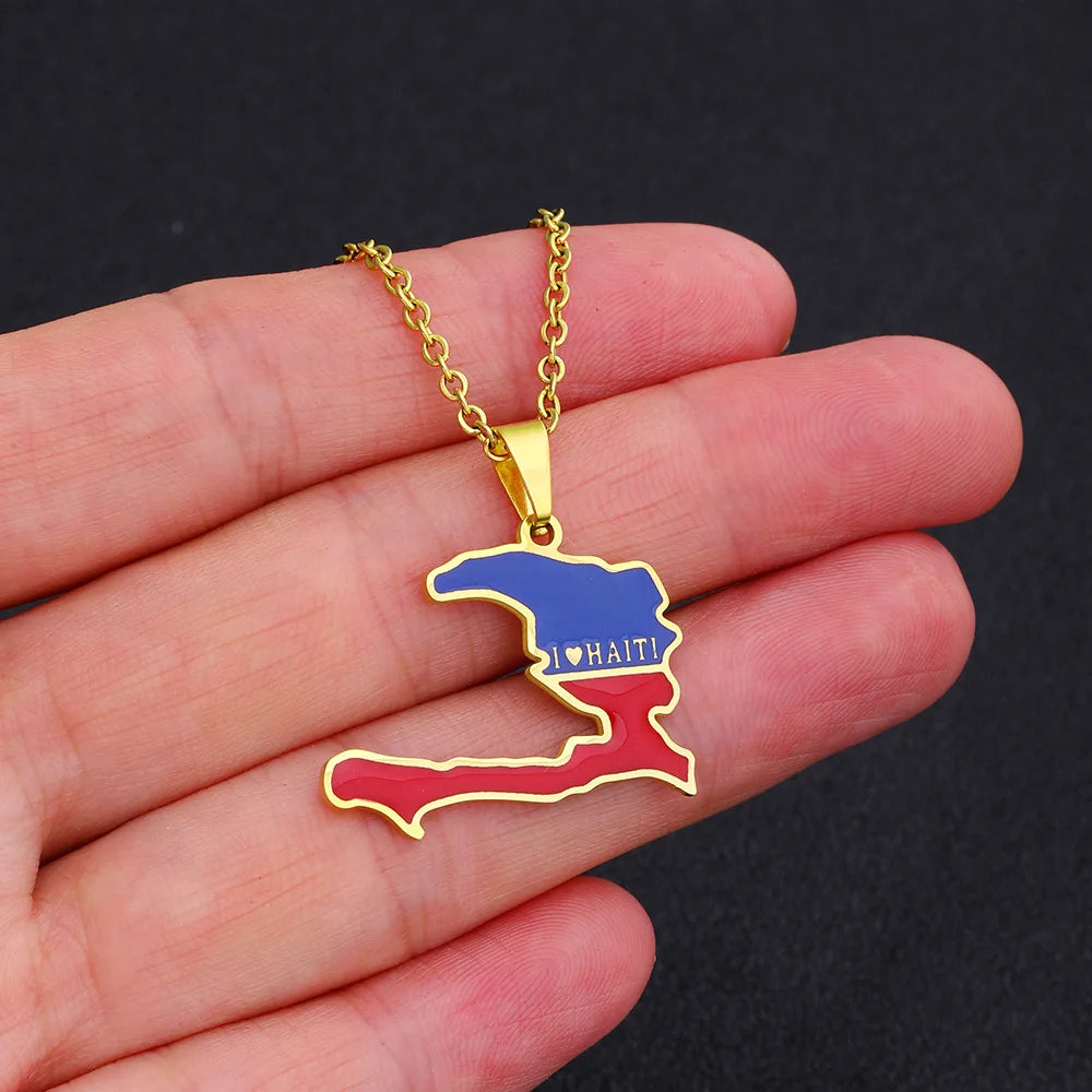 2024 new fashion stainless steel Haiti map pendant necklace temperament everything collarbone chain birthday anniversary gift