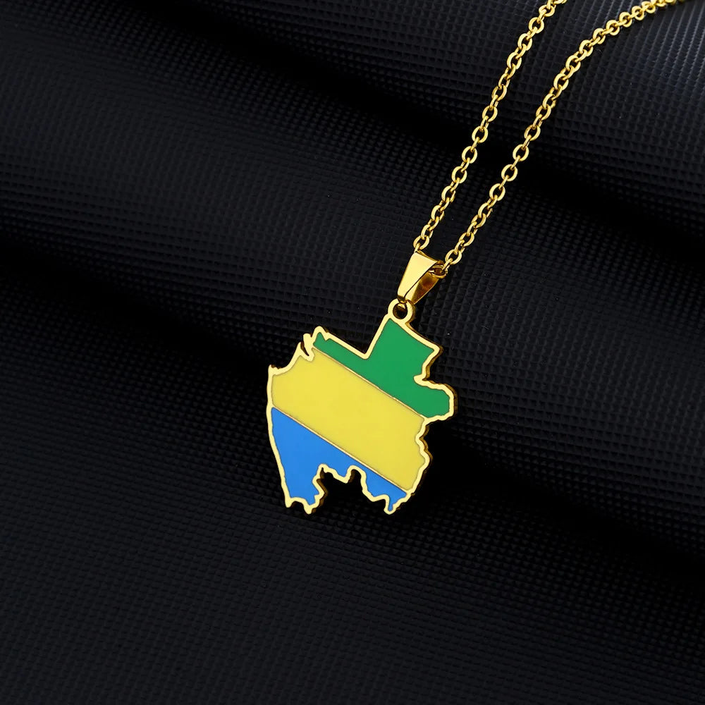 2024 new fashion stainless Gabon map flag pendant necklace temperament everything collarbone chain birthday anniversary gift