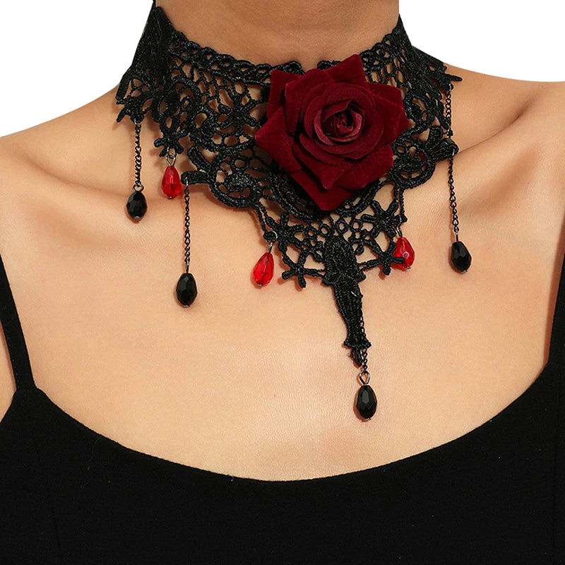 1PCS Vintage Punk Flower Charm Pendant Choker Necklace For Women Gothic Lace Tassel Clavicle Chain Jewelry