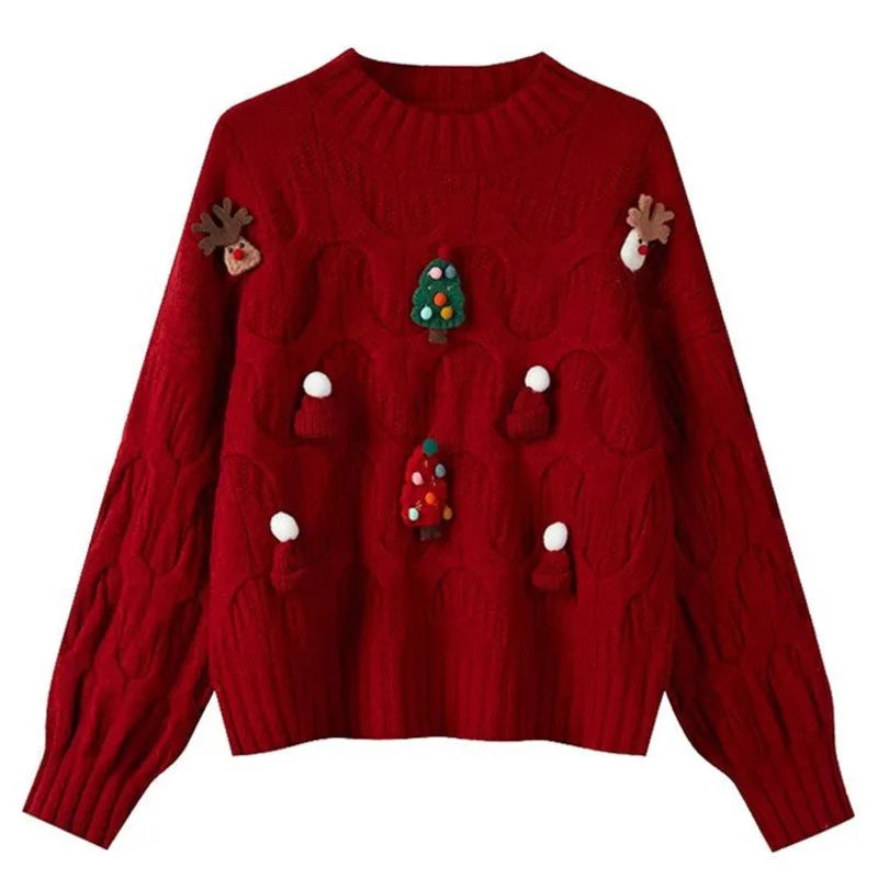 Sueter Mujer 2024 Korean New Sweater Women O Neck Christmas Cartoon Design Knitted Top Cute Fairycore Fashion Pullover CR3335