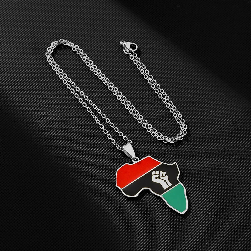 2024 new fashion stainless steel African fist map necklace for women and men couples ethnic style accessory collarbone chain ann