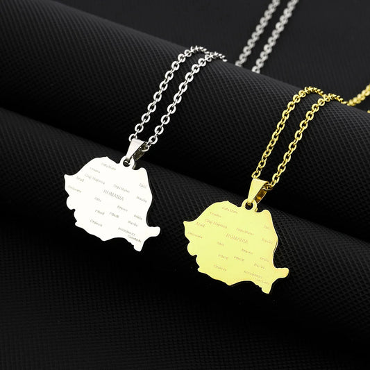 2024 new fashion stainless steel Romania map with city pendant necklace temperament everything collarbone chain birthday anniver