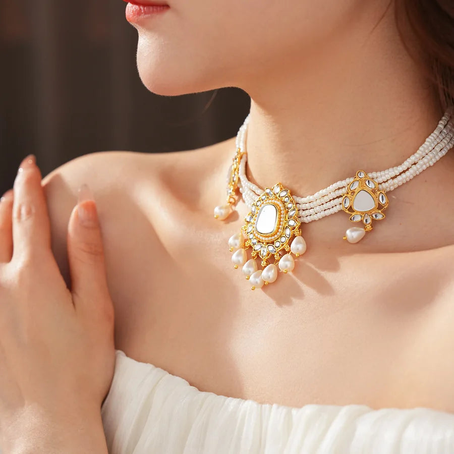 Vintage Light Luxury Wedding Jewelry Set for Women Water Drop Pearl Earrings Versatile High-end Retro Exaggerated Necklace