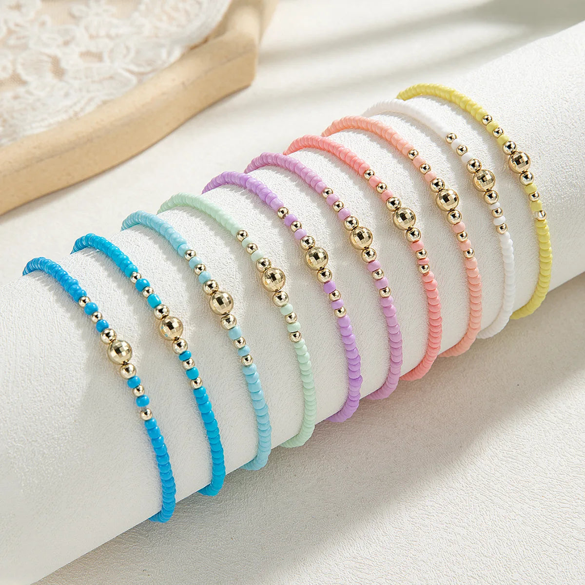 10pcs Dopamine Rainbow Rice Beads Anklet Sets For Women Elastic Rope Chain Colorful Ankle Bracelet Foot Jewelry Accessories