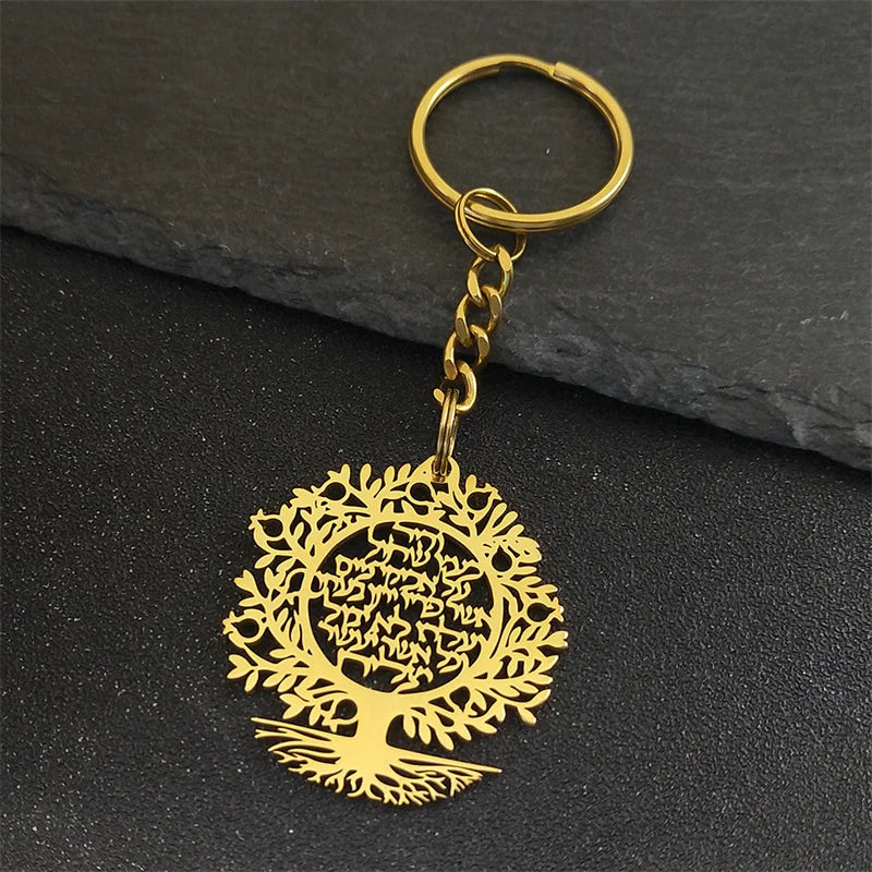 Tree of Life Hebrew Pendant Key Chain for Women Men Stainless Steel Gold Color Israel Jewish Hollow Drop Key Ring Amulet Jewelry