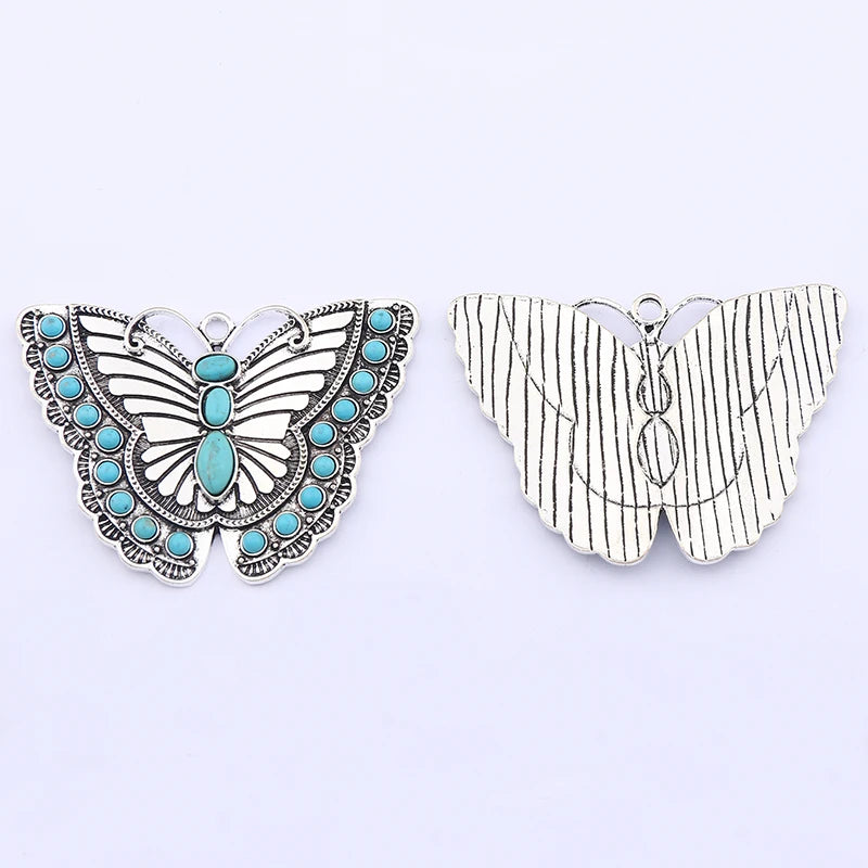 ZXZ 2pcs Tibetan Silver Large Imitation Turquoise Stone Butterfly Insect Charms Pendants For Necklace Jewelry Making Findings