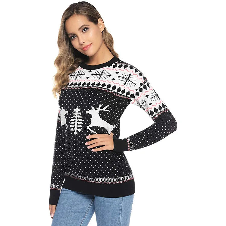 2025 New Christmas Matching Sweaters for Women Men Couples Knitwear Jacquard Elk Print Jumpers Full Sleeve Warm Soft Pullovers