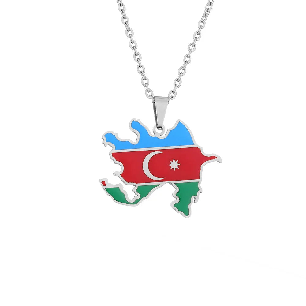 2024 new fashion stainless just Azerbaijan map with flag pendant necklace temperament everything collarbone chain birthday anniv