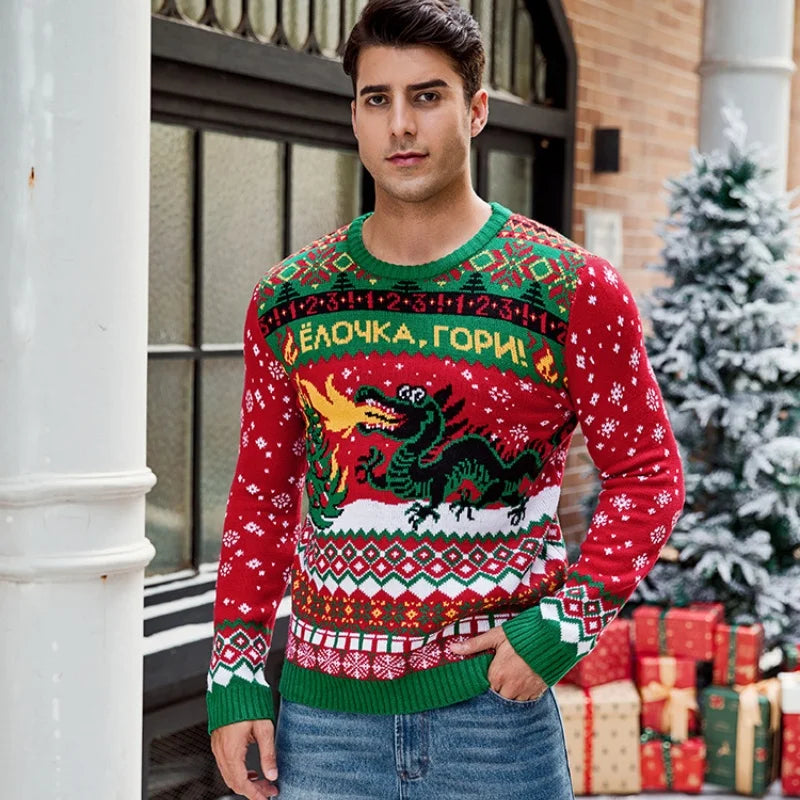 2025 Winter Christmas Men's Knitted Sweater Cartoon Print Full Sleeve O Neck Warm Soft Knitwear Adults Jumper Xmas Look Pullover