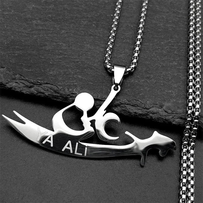 YA ALI Islamic Imam Ali Zulfiqar Sword Pendant Necklace for Women Men Stainless Steel Gold Color Quran Amulet Chain Jewelry