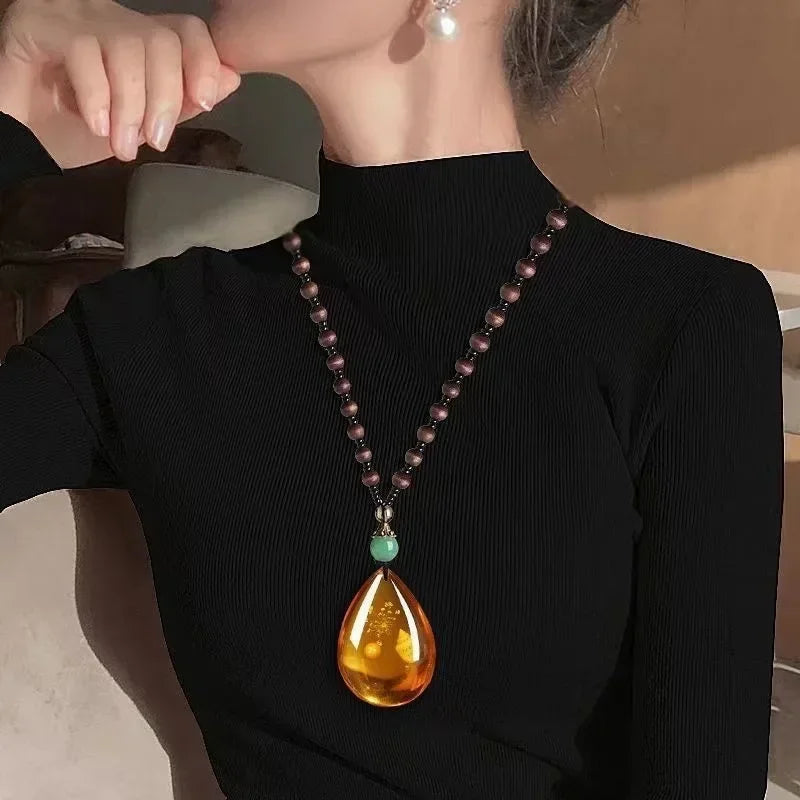 1pcs Imitation Amber Brine Beeswax Beads Necklace Honey Wax Brazilian Amber Necklace Handicraft National Style Pendant Ornaments