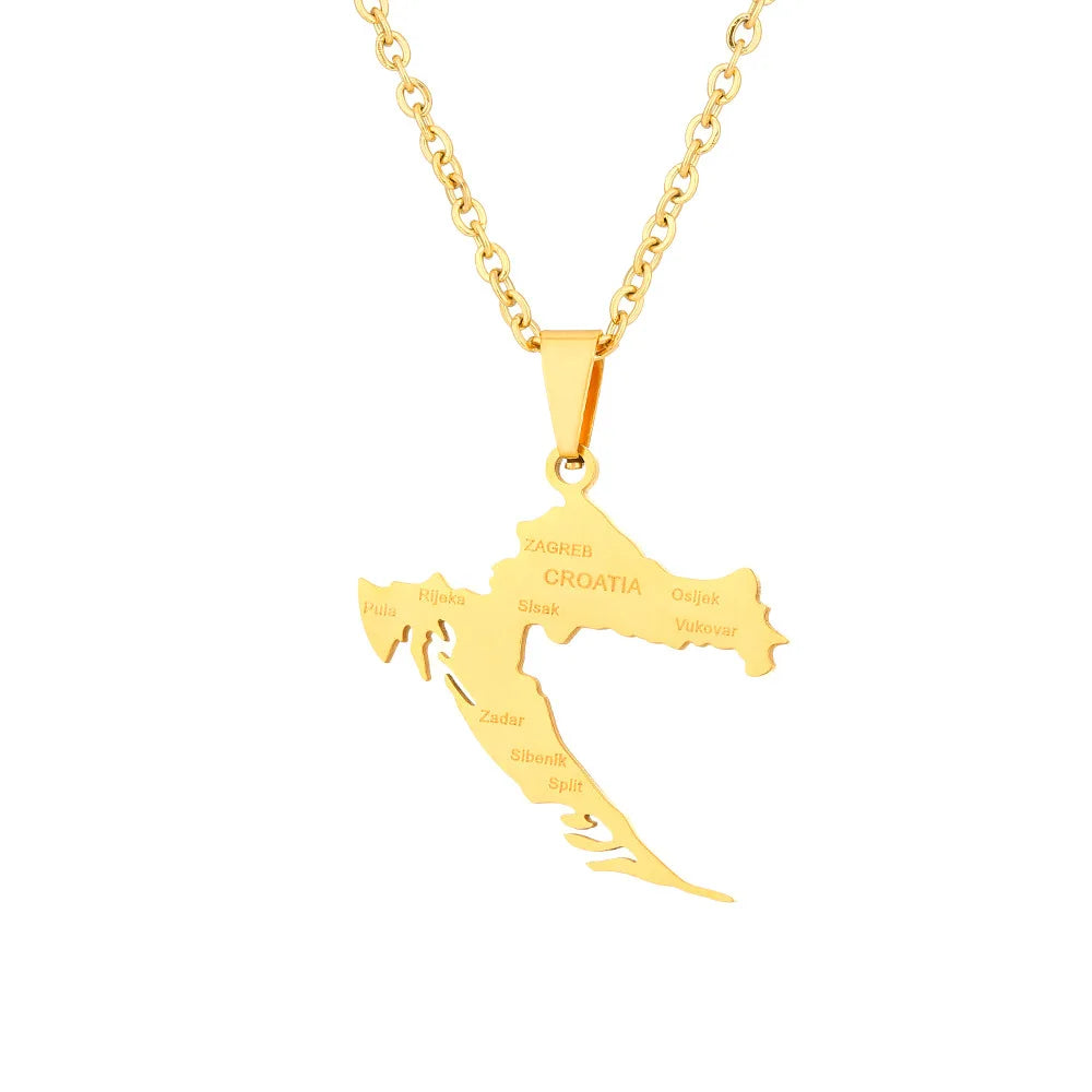 2024 New fashion stainless steel Croatia map and city necklace men's and women's geometric ethnic style collarbone chain anniver