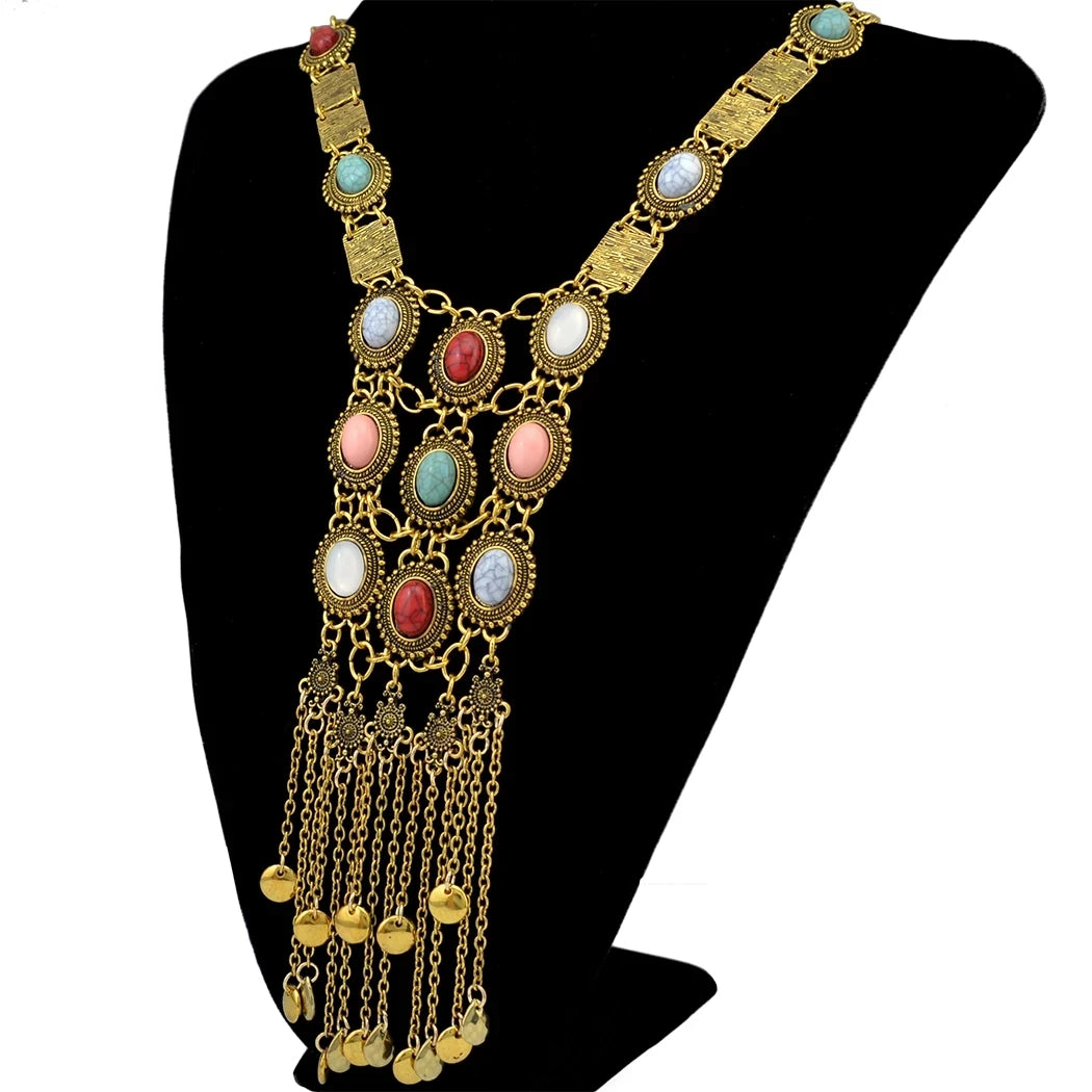 Vintage Silver Plated Gold Plated Chain Bead Stone Long Tassel Pendant Women's Necklace Suitable for Women's Party Jewelry Gifts