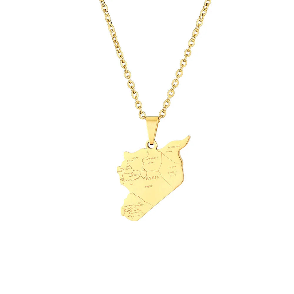 2024 new fashion stainless steel vintage Syria map with city pendant necklace temperament everything collarbone chain birthday a