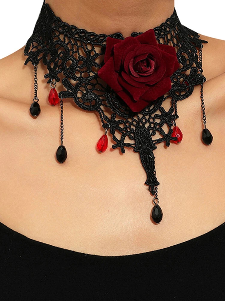 1PCS Vintage Punk Flower Charm Pendant Choker Necklace For Women Gothic Lace Tassel Clavicle Chain Jewelry