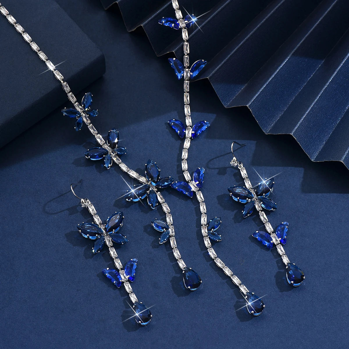 Women's fashionable butterfly tassel zircon necklace earring jewelry set, with a light luxury design and a high-end feel