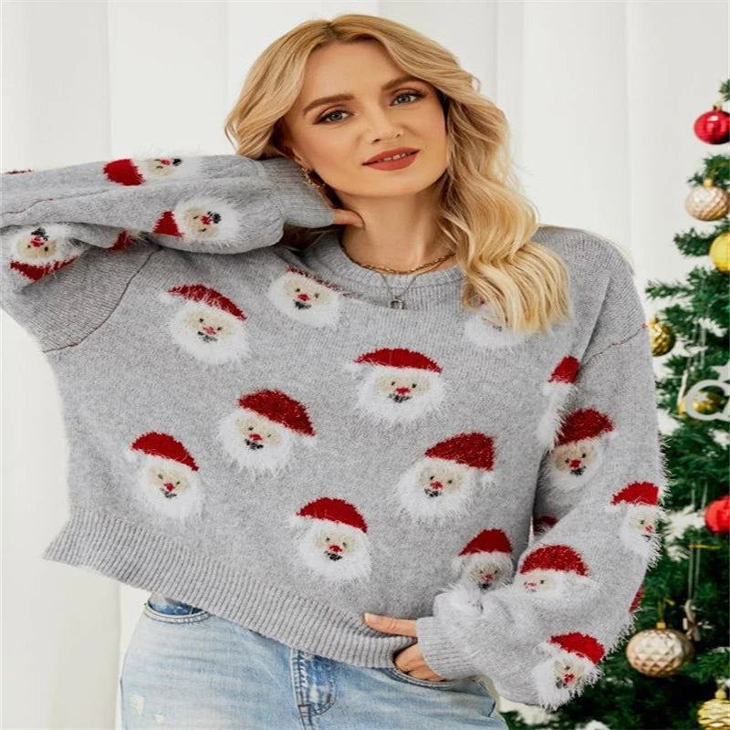 2024 Autumn and Winter New Christmas Outfit Old Man's Head Knitted Sweater European and American Women's Pullover Christmas