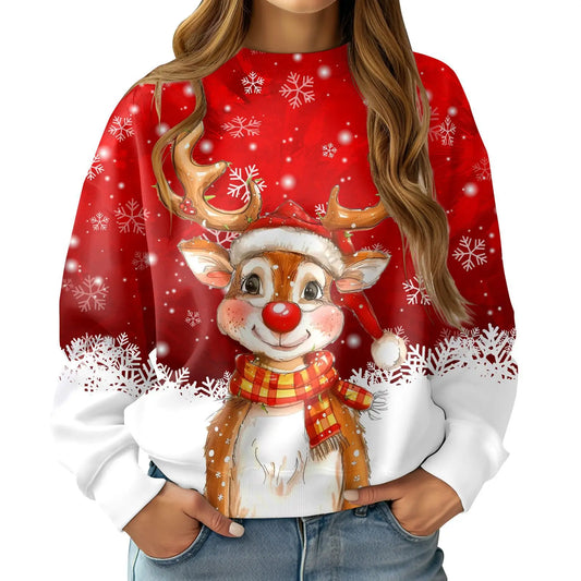 2025 European and American 3D digital printed women's hoodie Christmas snowman deer series round neck casual sweater