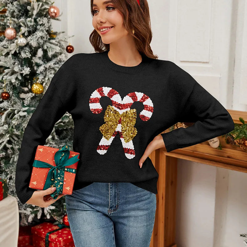 Sweater 2025 Autumn/Winter New Product Christmas Cane Bow Glitter Women's Fashion Round Neck Hooded Long Sleeve Knitted Sweater