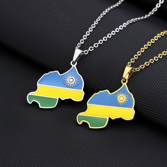 2024 New fashion stainless steel Rwanda map and flag necklace men's and women's geometric ethnic style collarbone chain Memorial