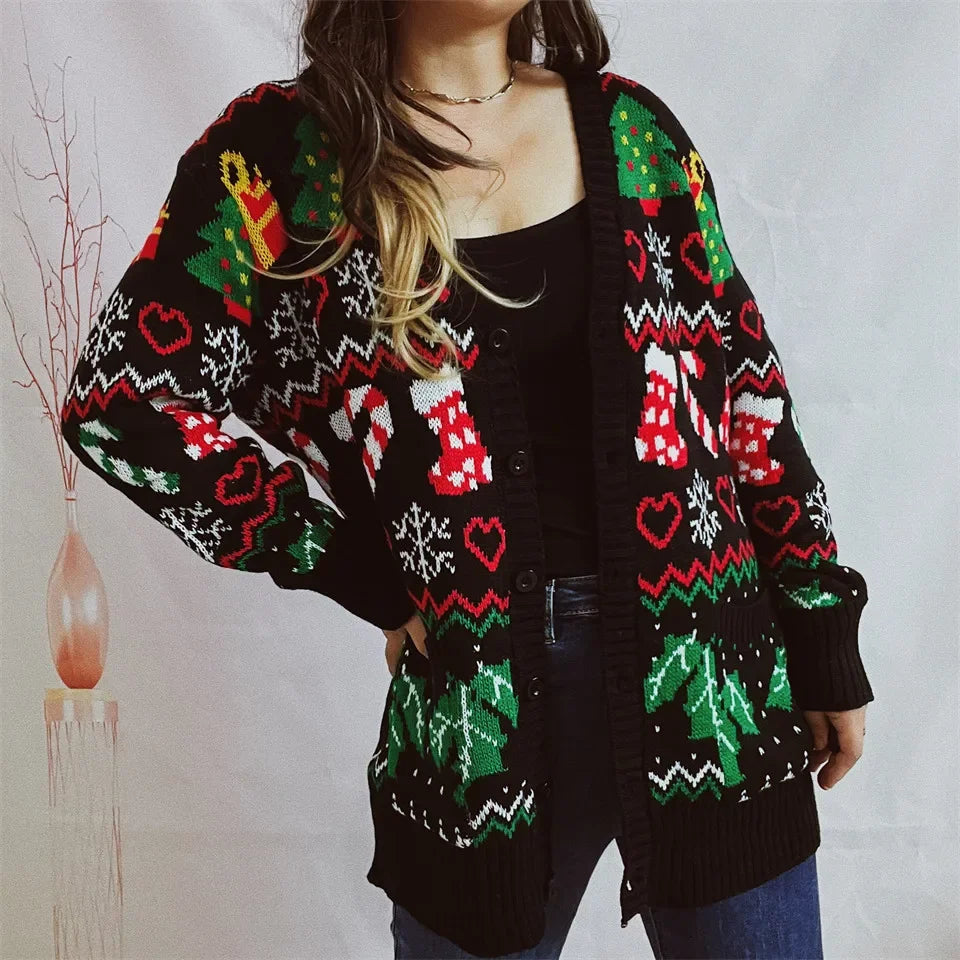 2023 Cross-border Amazon Autumn/winter New Single-breasted V-neck Christmas Theme Knit Sweater Cardigan New Year