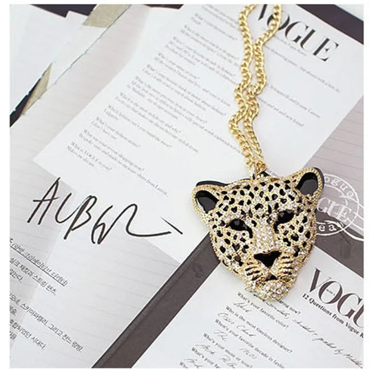 Super Large Alloy Leopard Head Pendant Necklace for Women Hollow Rhinestone Gothic Men's Collar Cuban Chain Halloween Jewelry