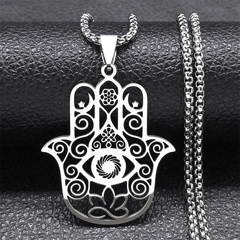 Hamsa Hand Stainless Steel Necklace Gold Color Amulet Hand of Fatima Necklaces Islamic Religious Arabic Jewelry mano de fatima