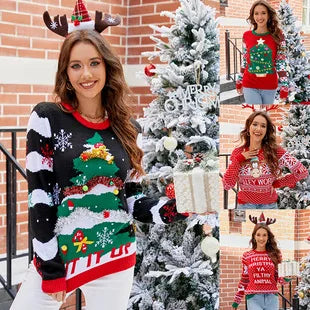 2025Women's Casual Loose Lazy Style Sweater Christmas Tree Color Block Jacquard Christmas Sweater Gift