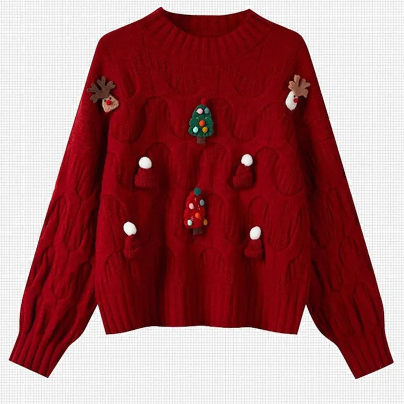 Sueter Mujer 2024 Korean New Sweater Women O Neck Christmas Cartoon Design Knitted Top Cute Fairycore Fashion Pullover CR3335