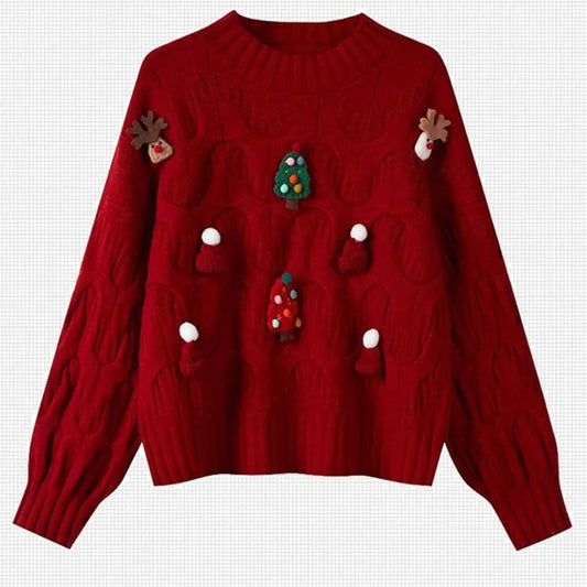 Sueter Mujer 2024 Korean New Sweater Women O Neck Christmas Cartoon Design Knitted Top Cute Fairycore Fashion Pullover CR3335
