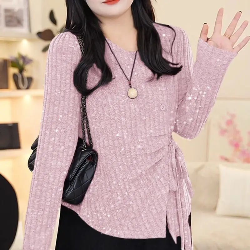 Temperament Waist-hugging and Fleece Tied Shoulder Sweater Keeps Warm in Autumn and Winter Irregular Sequins Fashionable