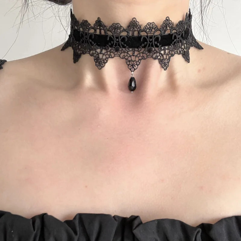 2025 New Sexy Lace Flower Necklace for Women Gothic Punk Velvet Collar Choker Black Waterdrop Pendent Necklace Strap Bow Jewelry