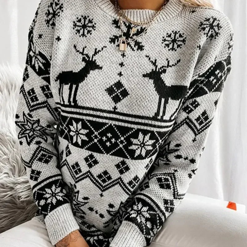 2025 Winter Women's Christmas Sweater Elk Print Knitted Jumpers Full Sleeve O Neck Casual Loose Knitwear Pullover Tops Xmas Look