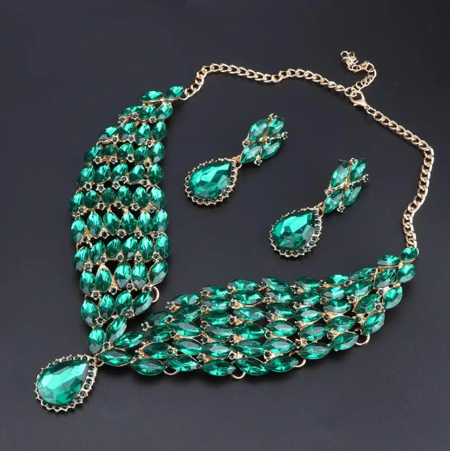 New Green Crystal Statement Necklace Earrings Set Gold Color Jewelry Sets Indian Bridal Wedding Costume Jewellery