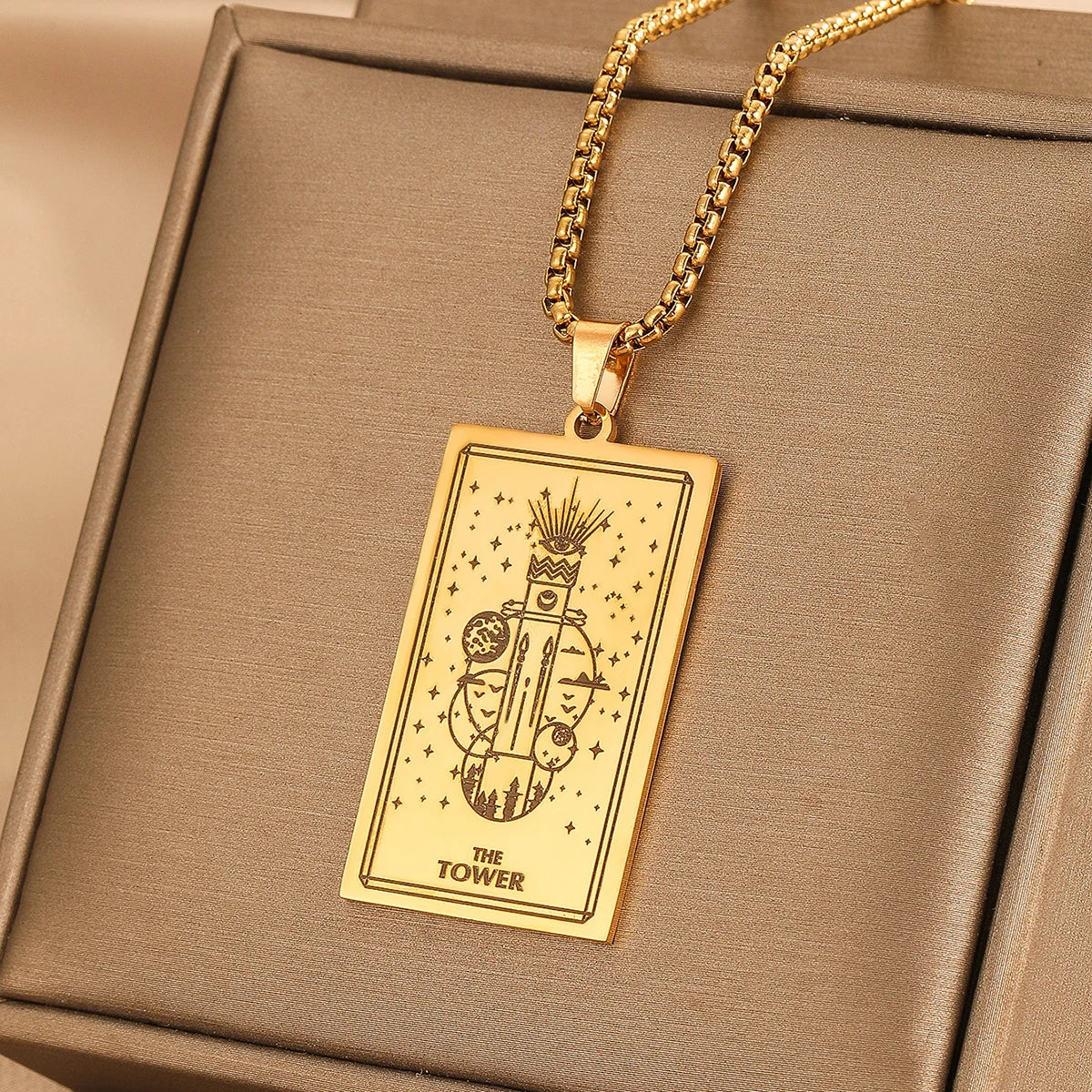 Vintage Moon Rose Flower Tarot Card Necklace Talisman Stainless Steel Libra Justice Necklace for Women Men Sun Amulet Jewelry