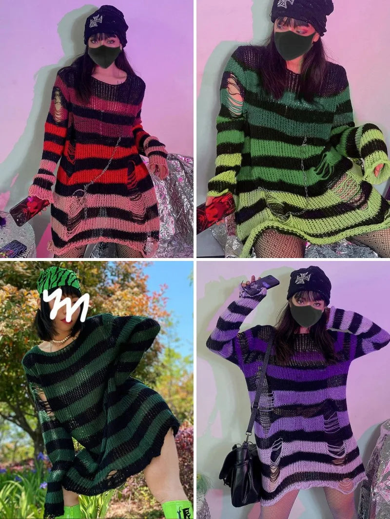 2024 Purple Striped Gothic Sweaters Women Ripped Holes Loose Knitted Pullover Frayed Fairy Grunge Jumpers Emo Streetwear Lolita