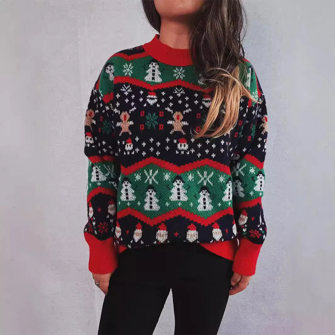 Sueter Mujer 2024 Korean Casual Christmas Sweater Women O Neck Spliced Jacquard Long Sleeves Knitwear Warm Pullover X686