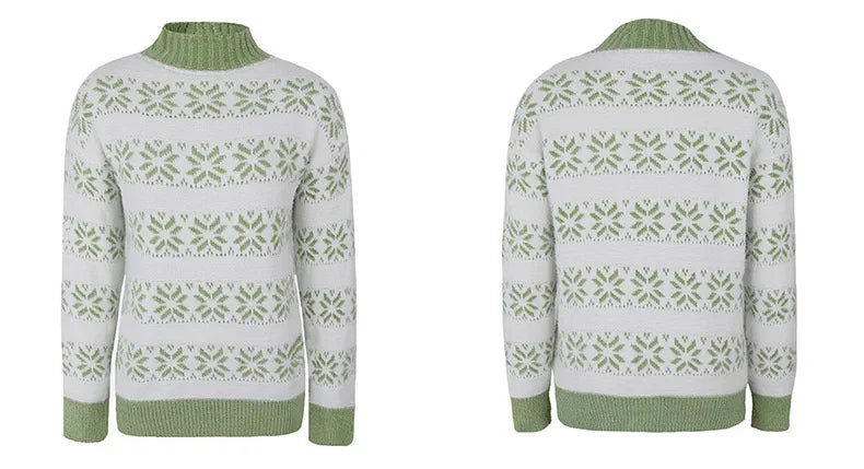 2025 Christmas Jumpers Women Mock Neck Full Sleeve Sweater Snowflake Jacquard Knitwear Warm Thick Pullover Top Xmas Party Look
