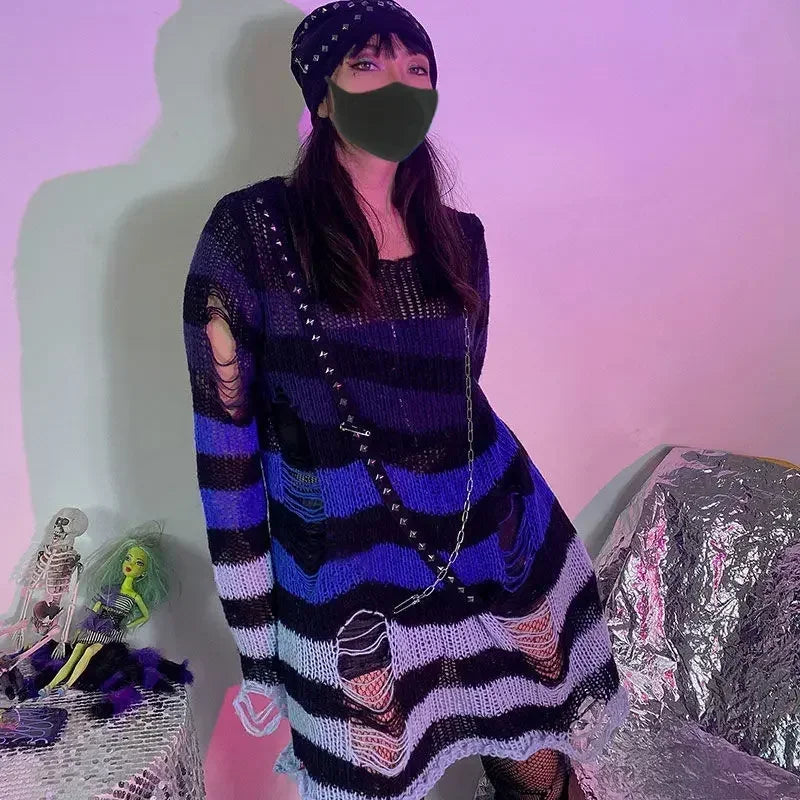 2024 Purple Striped Gothic Sweaters Women Ripped Holes Loose Knitted Pullover Frayed Fairy Grunge Jumpers Emo Streetwear Lolita