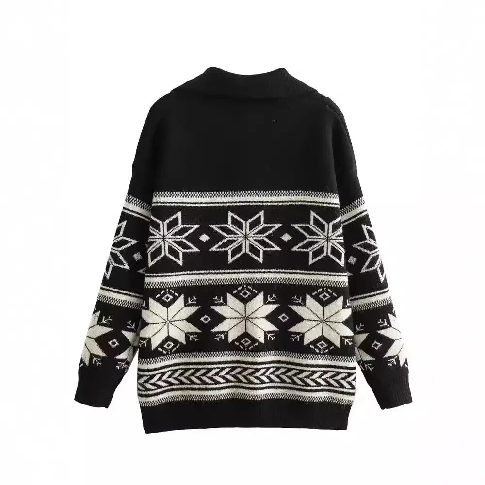 2024 Women Christmas Sweaters Long Sleeve Turn-down Collar Oversized Ugly Holiday Knitted Pullover Sweater