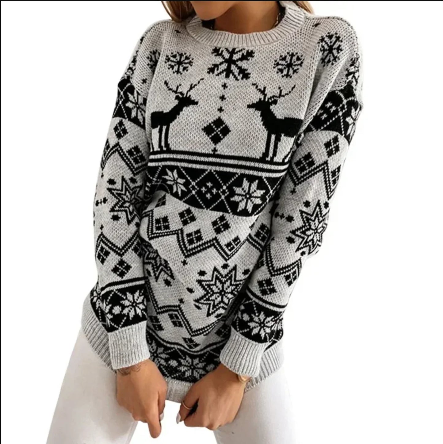 2025 Winter Women's Christmas Sweater Elk Print Knitted Jumpers Full Sleeve O Neck Casual Loose Knitwear Pullover Tops Xmas Look
