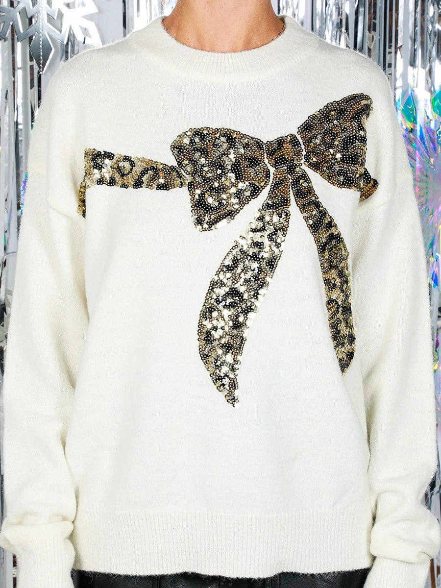Women Christmas Sequin Knit Sweater Graphic Crewneck Long Sleeve Jumper Sparkly Glitter Holiday Pullover Sweatshirt