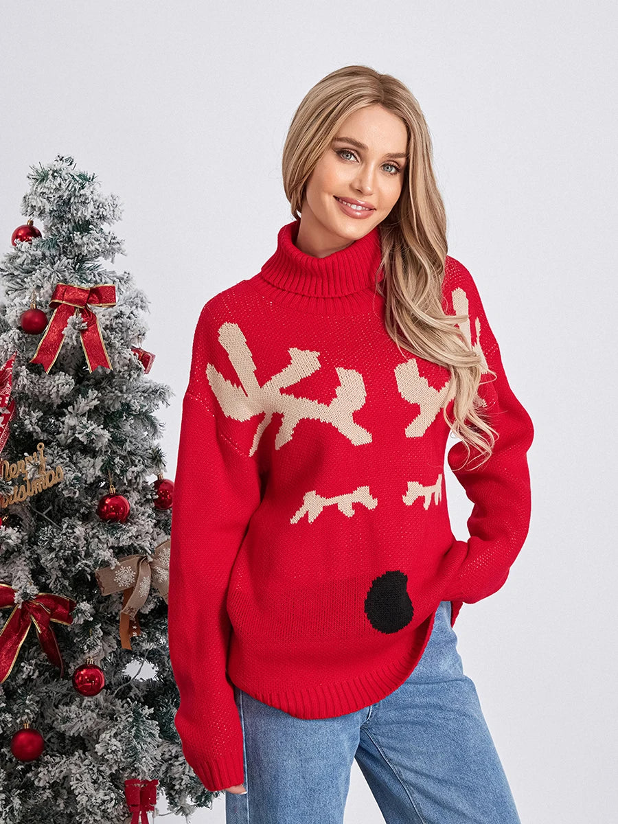 Ugly Christmas Sweater for Women Funny Crewneck Long Sleeve Santa Reindeer Print Pullover Knit Sweater Jumper