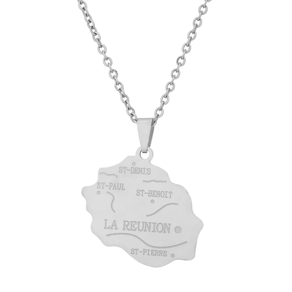 2024 New fashion stainless steel French Reunion map pendant necklace Geometric fashion men's and women's stainless steel pendant