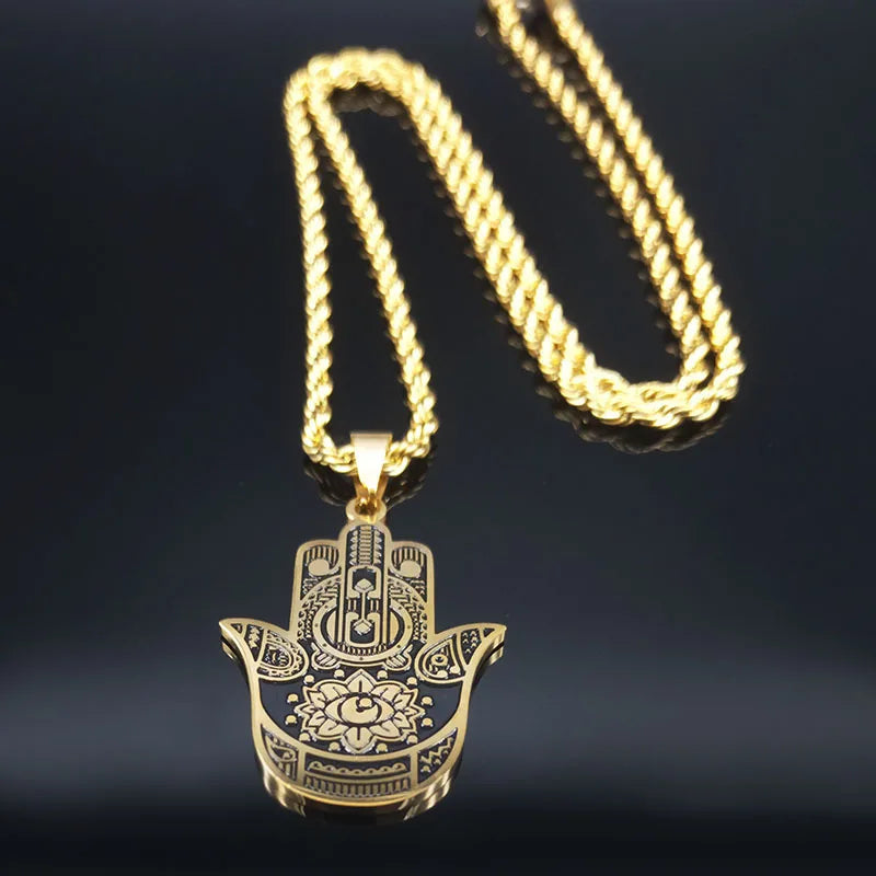 2024 New fashion ancient Fatima Hands Yoga pendant necklace temperament everything with stainless steel collarbone chain for men