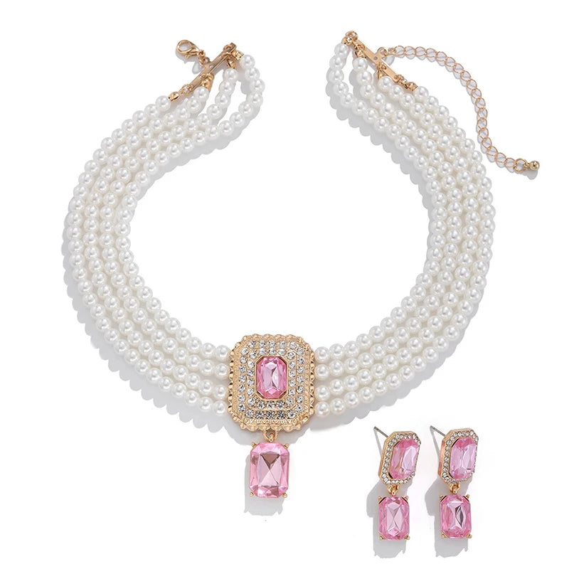1Set Luxury Multilayer Imitation Pearl Necklace Earrings For Women Girls Temperament Jewelry Bridal Rhinestone Wedding Jewelry
