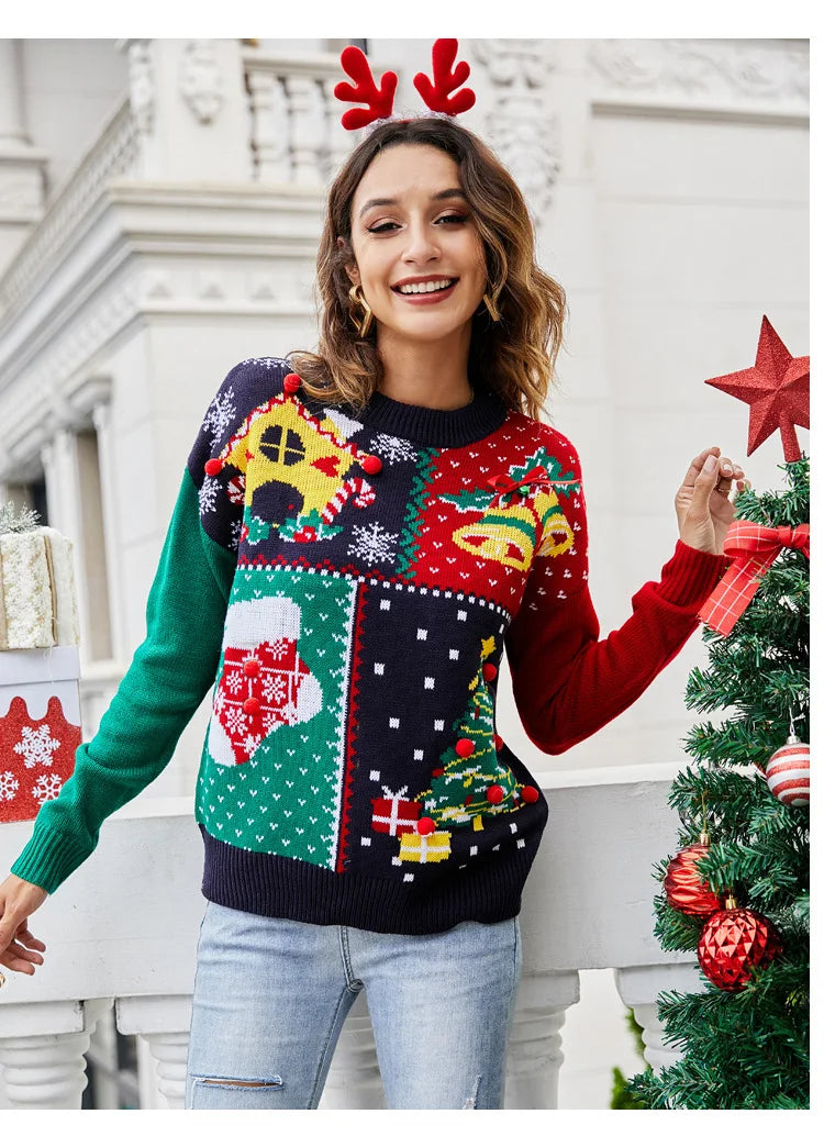 Christmas Sweater Women's Socks Christmas Tree Autumn/Winter New Round Neck Long Sleeve Loose Knitted Sweater 2024 Y2k Cloting