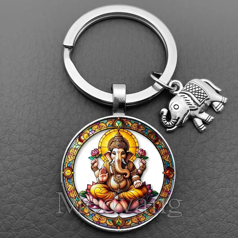 Sacred Elephant Ganesha Keychain Buddha keychain and key ring God Of Wealth Elephant glass key ring men and women bag decoration