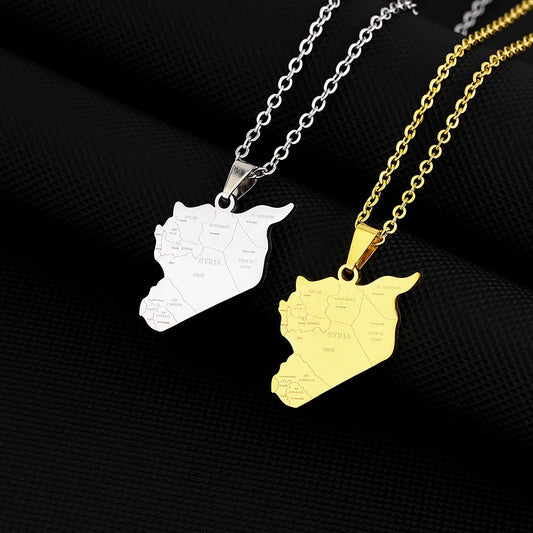 2024 new fashion stainless steel vintage Syria map with city pendant necklace temperament everything collarbone chain birthday a