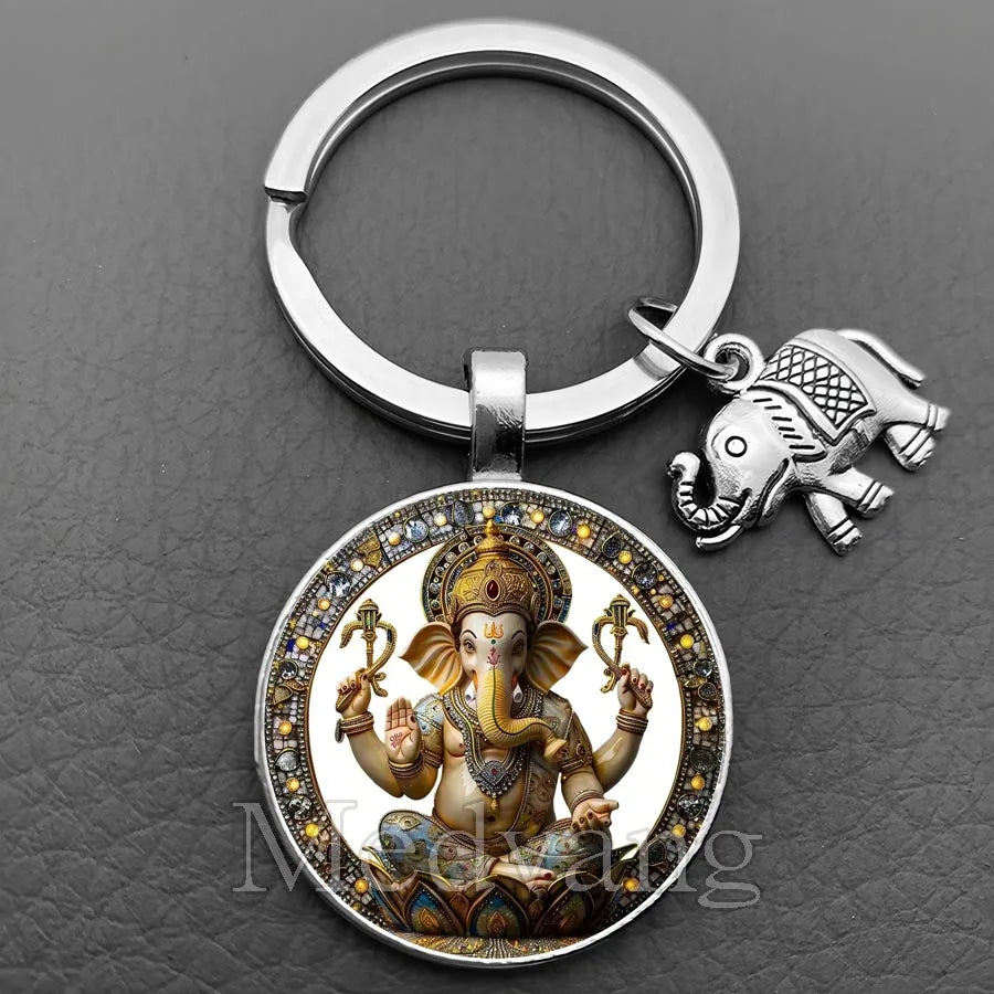 Sacred Elephant Ganesha Keychain Buddha keychain and key ring God Of Wealth Elephant glass key ring men and women bag decoration